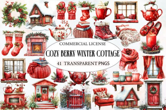 Download Watercolor Cozy Berry Winter Cottage - Premium Resources