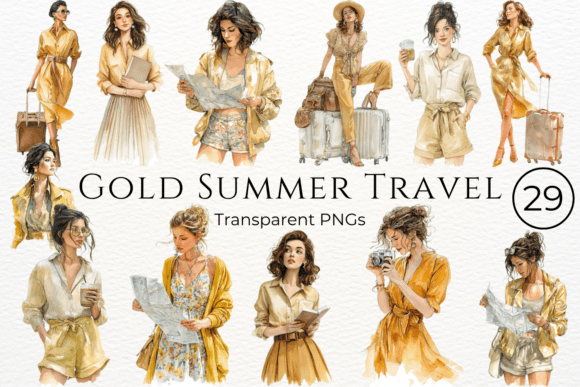 Download Gold Summer Travel Watercolor Clipart - Travel watercolor Collection
