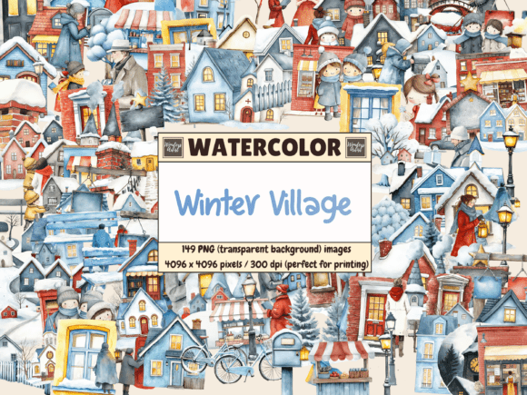 Download Winter Village Watercolor Clipart - Premium Bundle